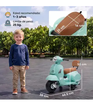 Moto Eléctrica para Niños Licencia Mini Vespa GTS 2 Ruedas Auxiliares Batería de Litio Faro Bocina Respaldo Verde