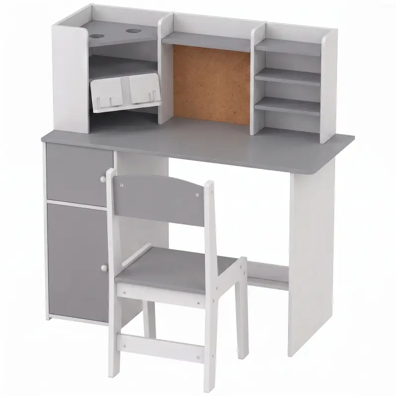 Escritorio Infantil con Silla Soporte de Tableta Ajustable Portalápices Panel de Corcho 5-12 Años Gris