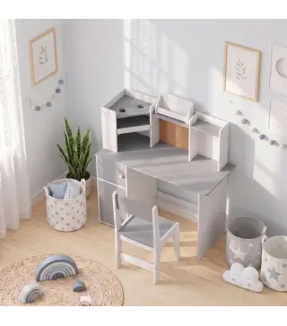 Escritorio Infantil con Silla Soporte de Tableta Ajustable Portalápices Panel de Corcho 5-12 Años Gris