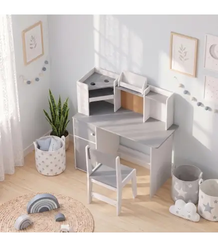 Escritorio Infantil con Silla Soporte de Tableta Ajustable Portalápices Panel de Corcho 5-12 Años Gris