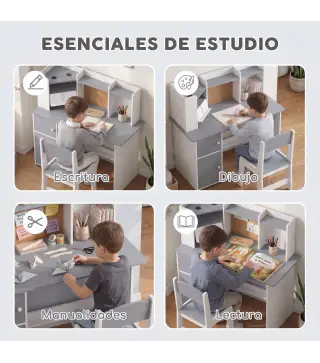 Escritorio Infantil con Silla Soporte de Tableta Ajustable Portalápices Panel de Corcho 5-12 Años Gris