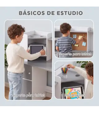 Escritorio Infantil con Silla Soporte de Tableta Ajustable Portalápices Panel de Corcho 5-12 Años Gris