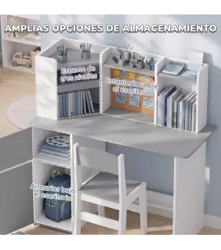Escritorio Infantil con Silla Soporte de Tableta Ajustable Portalápices Panel de Corcho 5-12 Años Gris