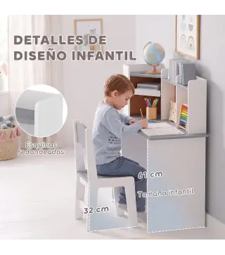 Escritorio Infantil con Silla Soporte de Tableta Ajustable Portalápices Panel de Corcho 5-12 Años Gris