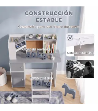 Escritorio Infantil con Silla Soporte de Tableta Ajustable Portalápices Panel de Corcho 5-12 Años Gris