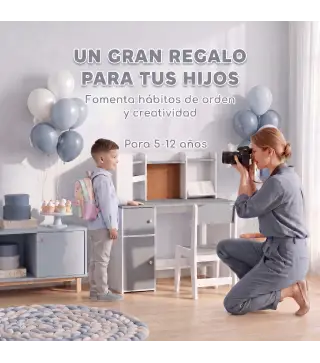 Escritorio Infantil con Silla Soporte de Tableta Ajustable Portalápices Panel de Corcho 5-12 Años Gris
