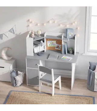 Escritorio Infantil con Silla Soporte de Tableta Ajustable Portalápices Panel de Corcho 5-12 Años Gris