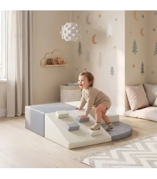Juego de 4 Bloques de Espuma para Niños de Psicomotricidad Tapizados en PU Escalar y Gatear 1-3 Años Gris Claro y Beige