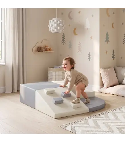 Juego de 4 Bloques de Espuma para Niños de Psicomotricidad Tapizados en PU Escalar y Gatear 1-3 Años Gris Claro y Beige