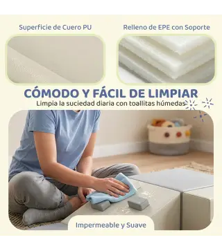 Juego de 4 Bloques de Espuma para Niños de Psicomotricidad Tapizados en PU Escalar y Gatear 1-3 Años Gris Claro y Beige