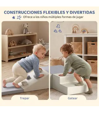 Juego de 4 Bloques de Espuma para Niños de Psicomotricidad Tapizados en PU Escalar y Gatear 1-3 Años Gris Claro y Beige
