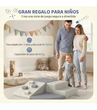 Juego de 4 Bloques de Espuma para Niños de Psicomotricidad Tapizados en PU Escalar y Gatear 1-3 Años Gris Claro y Beige