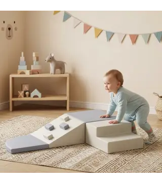 Juego de 4 Bloques de Espuma para Niños de Psicomotricidad Tapizados en PU Escalar y Gatear 1-3 Años Gris Claro y Beige