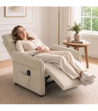 Sillón de Masaje con Calor Reclinación por Empuje 135° Reposapiés Reposabrazos Ajustables y 2 Bolsillos Beige