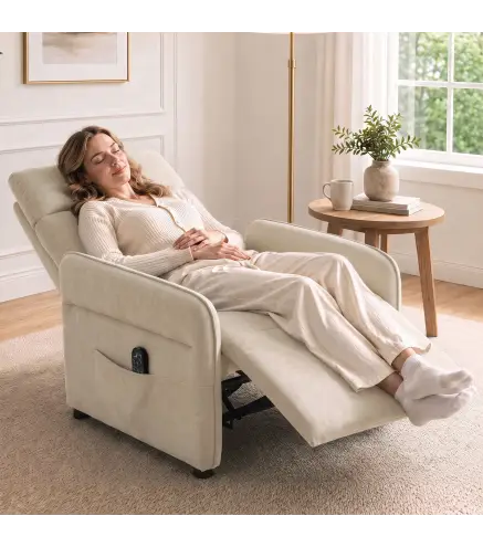 Sillón de Masaje con Calor Reclinación por Empuje 135° Reposapiés Reposabrazos Ajustables y 2 Bolsillos Beige