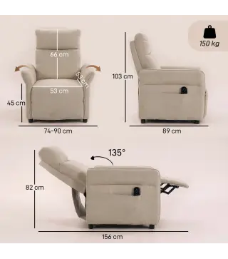 Sillón de Masaje con Calor Reclinación por Empuje 135° Reposapiés Reposabrazos Ajustables y 2 Bolsillos Beige