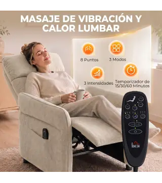 Sillón de Masaje con Calor Reclinación por Empuje 135° Reposapiés Reposabrazos Ajustables y 2 Bolsillos Beige