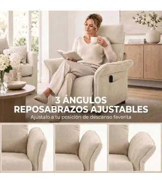 Sillón de Masaje con Calor Reclinación por Empuje 135° Reposapiés Reposabrazos Ajustables y 2 Bolsillos Beige