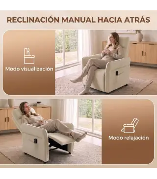 Sillón de Masaje con Calor Reclinación por Empuje 135° Reposapiés Reposabrazos Ajustables y 2 Bolsillos Beige