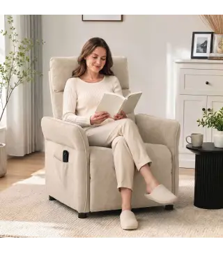 Sillón de Masaje con Calor Reclinación por Empuje 135° Reposapiés Reposabrazos Ajustables y 2 Bolsillos Beige