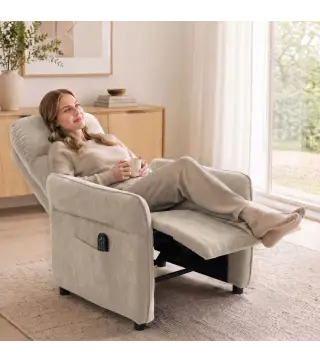 Sillón de Masaje con Calor Reclinación por Empuje 135° Reposapiés Reposabrazos Ajustables y 2 Bolsillos Beige