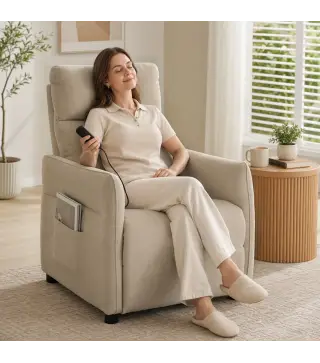 Sillón de Masaje con Calor Reclinación por Empuje 135° Reposapiés Reposabrazos Ajustables y 2 Bolsillos Beige
