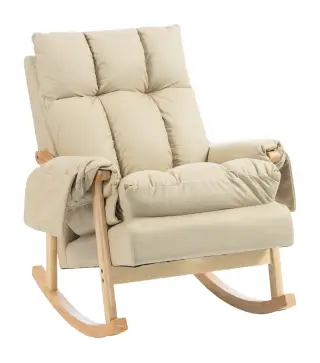 Silla Mecedora de Cuero Sintético con Bolsillos Laterales Patas de Madera Acolchado Grueso para Salón Dormitorio Beige