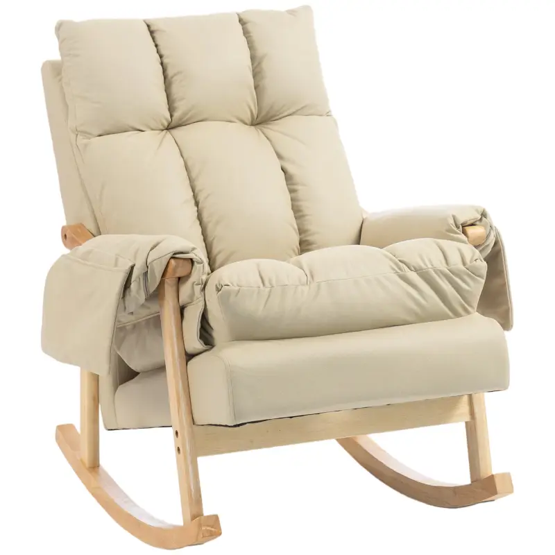 Silla Mecedora de Cuero Sintético con Bolsillos Laterales Patas de Madera Acolchado Grueso para Salón Dormitorio Beige