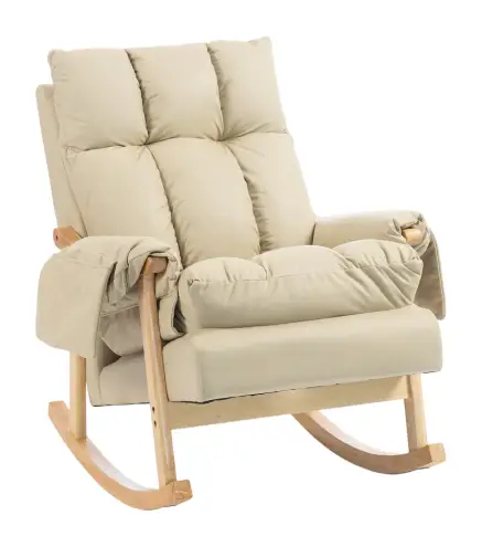 Silla Mecedora de Cuero Sintético con Bolsillos Laterales Patas de Madera Acolchado Grueso para Salón Dormitorio Beige