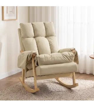 Silla Mecedora de Cuero Sintético con Bolsillos Laterales Patas de Madera Acolchado Grueso para Salón Dormitorio Beige