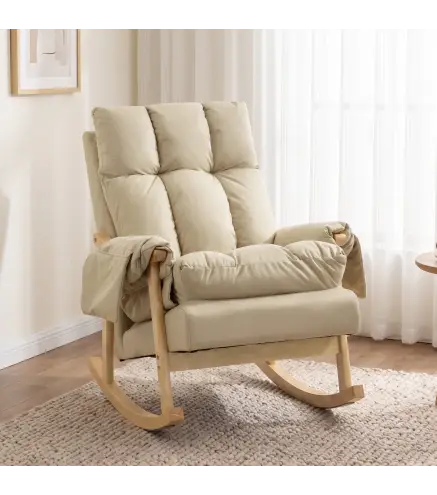 Silla Mecedora de Cuero Sintético con Bolsillos Laterales Patas de Madera Acolchado Grueso para Salón Dormitorio Beige