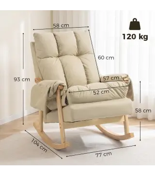 Silla Mecedora de Cuero Sintético con Bolsillos Laterales Patas de Madera Acolchado Grueso para Salón Dormitorio Beige