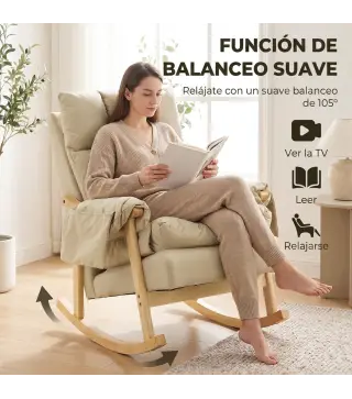 Silla Mecedora de Cuero Sintético con Bolsillos Laterales Patas de Madera Acolchado Grueso para Salón Dormitorio Beige