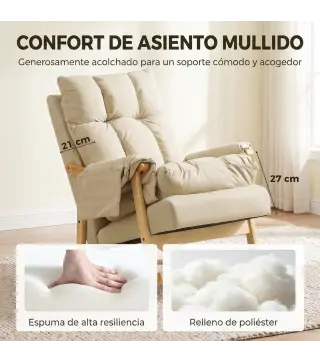 Silla Mecedora de Cuero Sintético con Bolsillos Laterales Patas de Madera Acolchado Grueso para Salón Dormitorio Beige