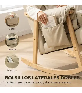 Silla Mecedora de Cuero Sintético con Bolsillos Laterales Patas de Madera Acolchado Grueso para Salón Dormitorio Beige