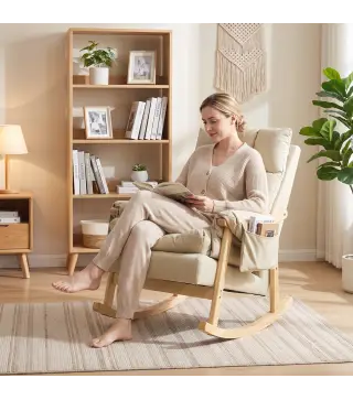 Silla Mecedora de Cuero Sintético con Bolsillos Laterales Patas de Madera Acolchado Grueso para Salón Dormitorio Beige