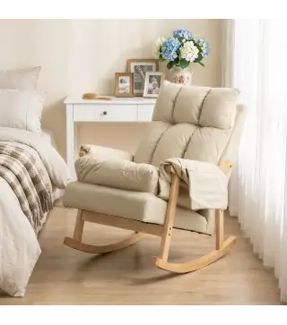 Silla Mecedora de Cuero Sintético con Bolsillos Laterales Patas de Madera Acolchado Grueso para Salón Dormitorio Beige