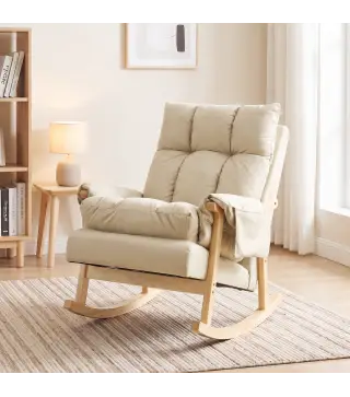 Silla Mecedora de Cuero Sintético con Bolsillos Laterales Patas de Madera Acolchado Grueso para Salón Dormitorio Beige