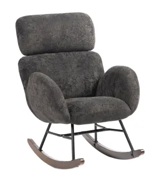 Silla Mecedora de Terciopelo con Reposacabezas Ajustable Acolchado Grueso Patas de Madera Reposabrazos Gris Oscuro