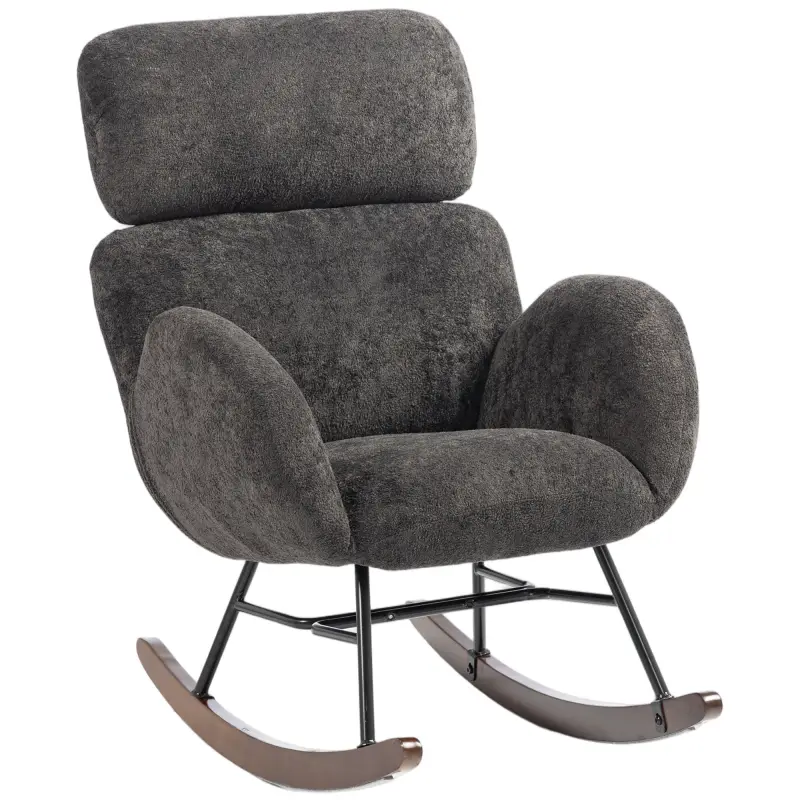 Silla Mecedora de Terciopelo con Reposacabezas Ajustable Acolchado Grueso Patas de Madera Reposabrazos Gris Oscuro Silla Mecedora de Terciopelo con Reposacabezas Ajustable Acolchado Grueso Patas de Madera Reposabrazos Gris Oscuro
