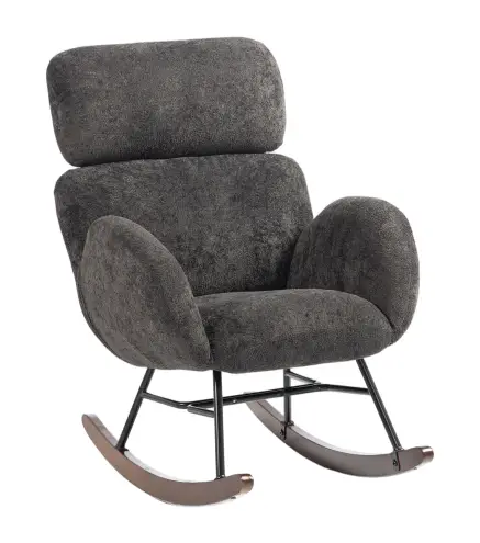Silla Mecedora de Terciopelo con Reposacabezas Ajustable Acolchado Grueso Patas de Madera Reposabrazos Gris Oscuro