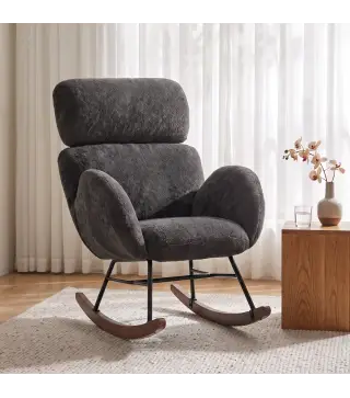 Silla Mecedora de Terciopelo con Reposacabezas Ajustable Acolchado Grueso Patas de Madera Reposabrazos Gris Oscuro