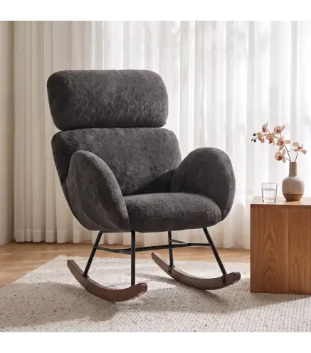 Silla Mecedora de Terciopelo con Reposacabezas Ajustable Acolchado Grueso Patas de Madera Reposabrazos Gris Oscuro