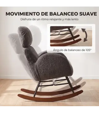 Silla Mecedora de Terciopelo con Reposacabezas Ajustable Acolchado Grueso Patas de Madera Reposabrazos Gris Oscuro