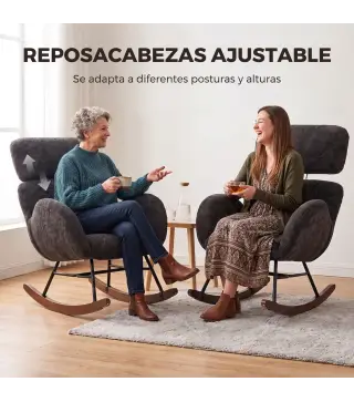 Silla Mecedora de Terciopelo con Reposacabezas Ajustable Acolchado Grueso Patas de Madera Reposabrazos Gris Oscuro