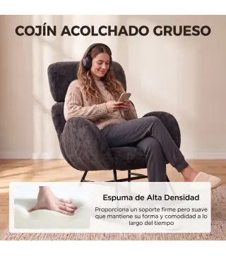 Silla Mecedora de Terciopelo con Reposacabezas Ajustable Acolchado Grueso Patas de Madera Reposabrazos Gris Oscuro