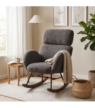 Silla Mecedora de Terciopelo con Reposacabezas Ajustable Acolchado Grueso Patas de Madera Reposabrazos Gris Oscuro