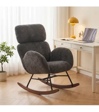 Silla Mecedora de Terciopelo con Reposacabezas Ajustable Acolchado Grueso Patas de Madera Reposabrazos Gris Oscuro