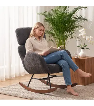 Silla Mecedora de Terciopelo con Reposacabezas Ajustable Acolchado Grueso Patas de Madera Reposabrazos Gris Oscuro