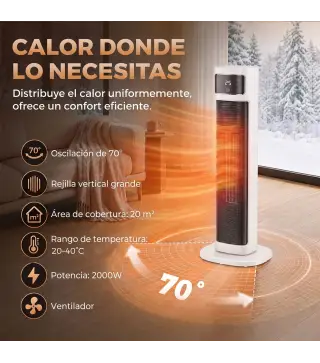 Calefactor Eléctrico de Cerámica con Termostato Regulable 4 Modos Panel Táctil Mando a Distancia Blanco